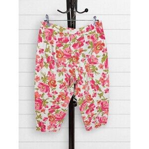 Talbots Floral Capri Pants Size 16 White Pink Red Orange Green Button Front